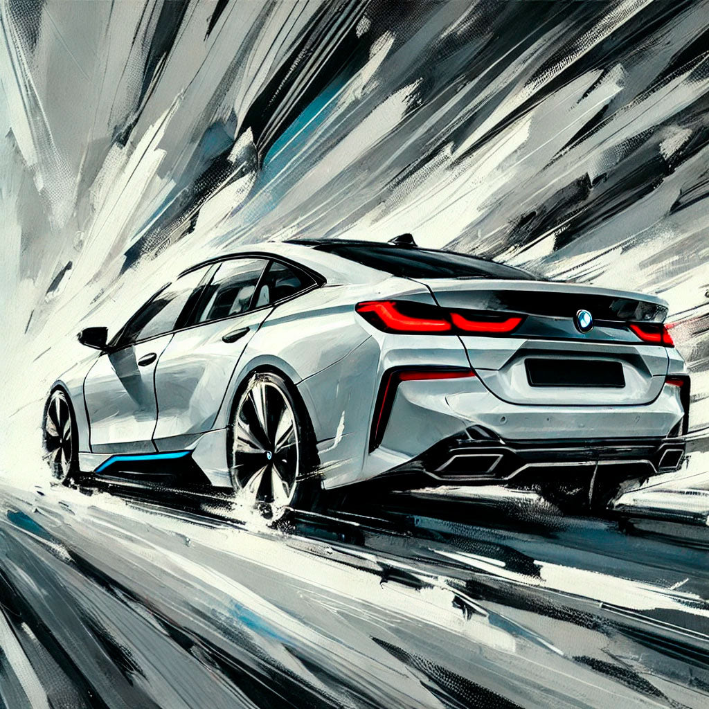 Dynamisches Wandbild eines futuristischen Elektroautos in Bewegung, gezeichnet im digitalen Malstil mit kühlen Farben, energischen Pinselzügen und Lichtreflexen – Fine Art Print auf Alu-Verbund