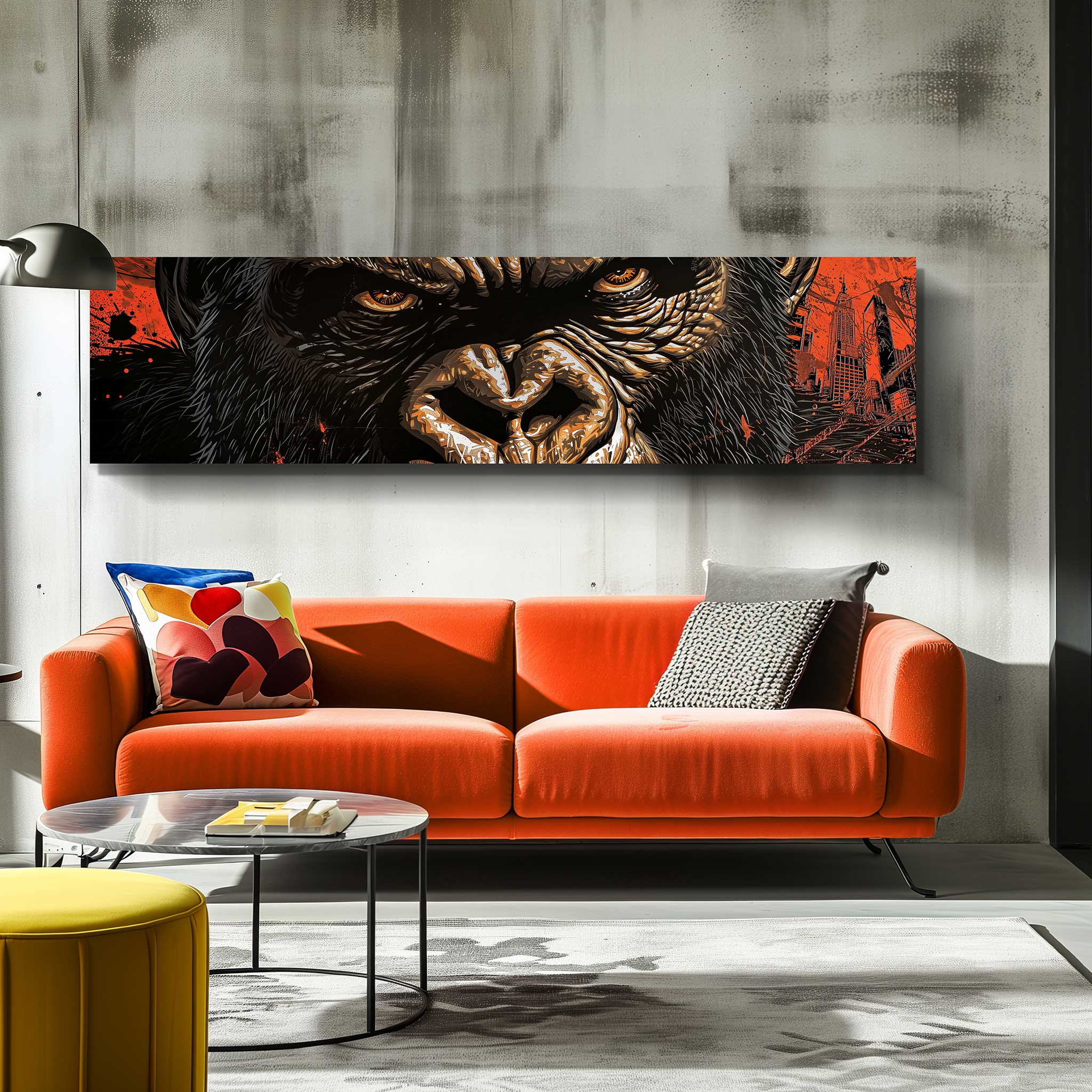 Moderne Wohnzimmeransicht mit orangefarbenem Sofa und großem Wandbild im Comic-Stil: Gorilla-Gesicht mit intensiven Augen vor rotem Stadthintergrund, gedruckt auf Alu-Dibond