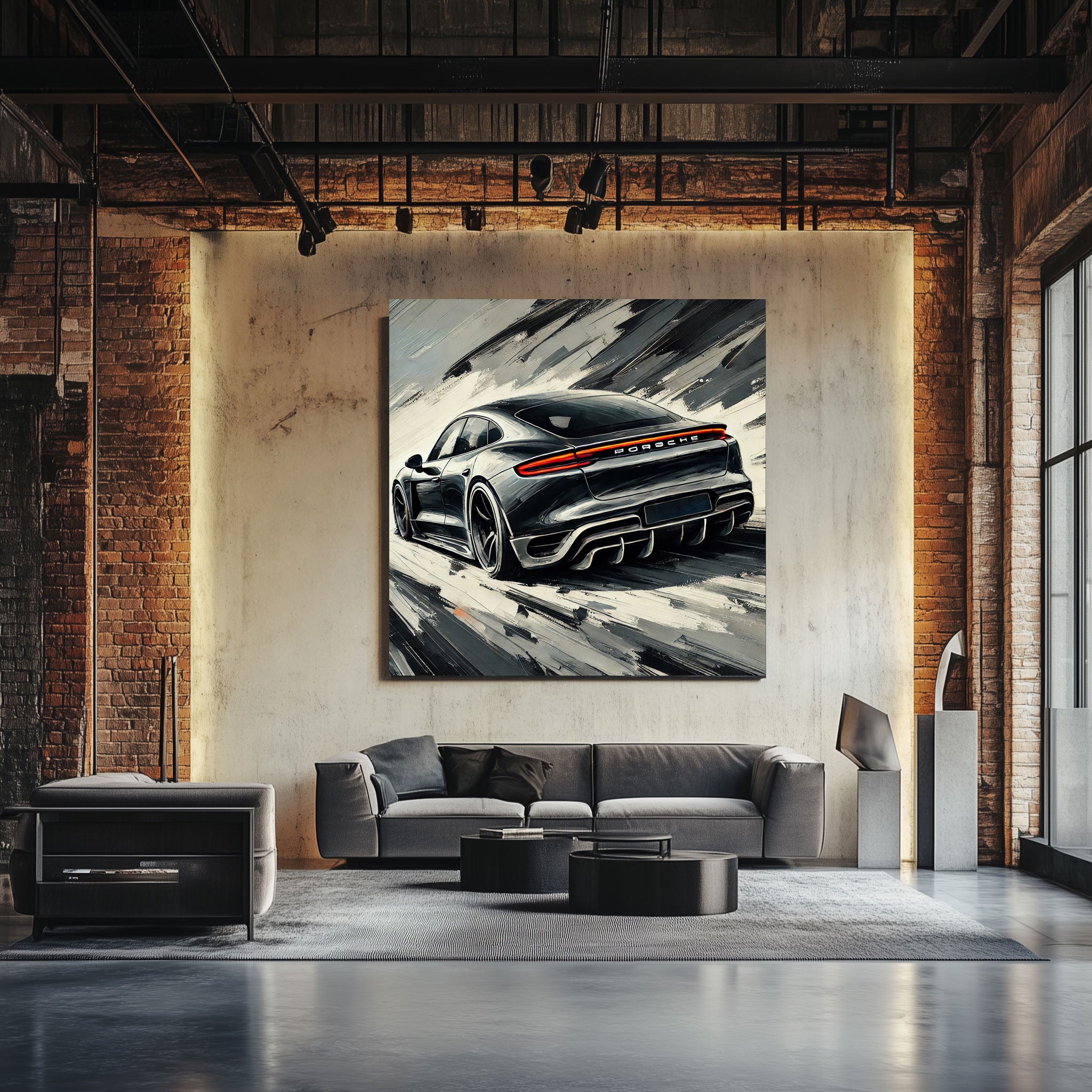 Industriell eingerichtetes Loft mit grauem Sofa und großem Wandbild eines schwarzen Porsche-Sportwagens in dynamischer Rückansicht – digital gemalte Automobilkunst als Fine Art Print auf Alu-Verbund vor Ziegel- und Betonwand