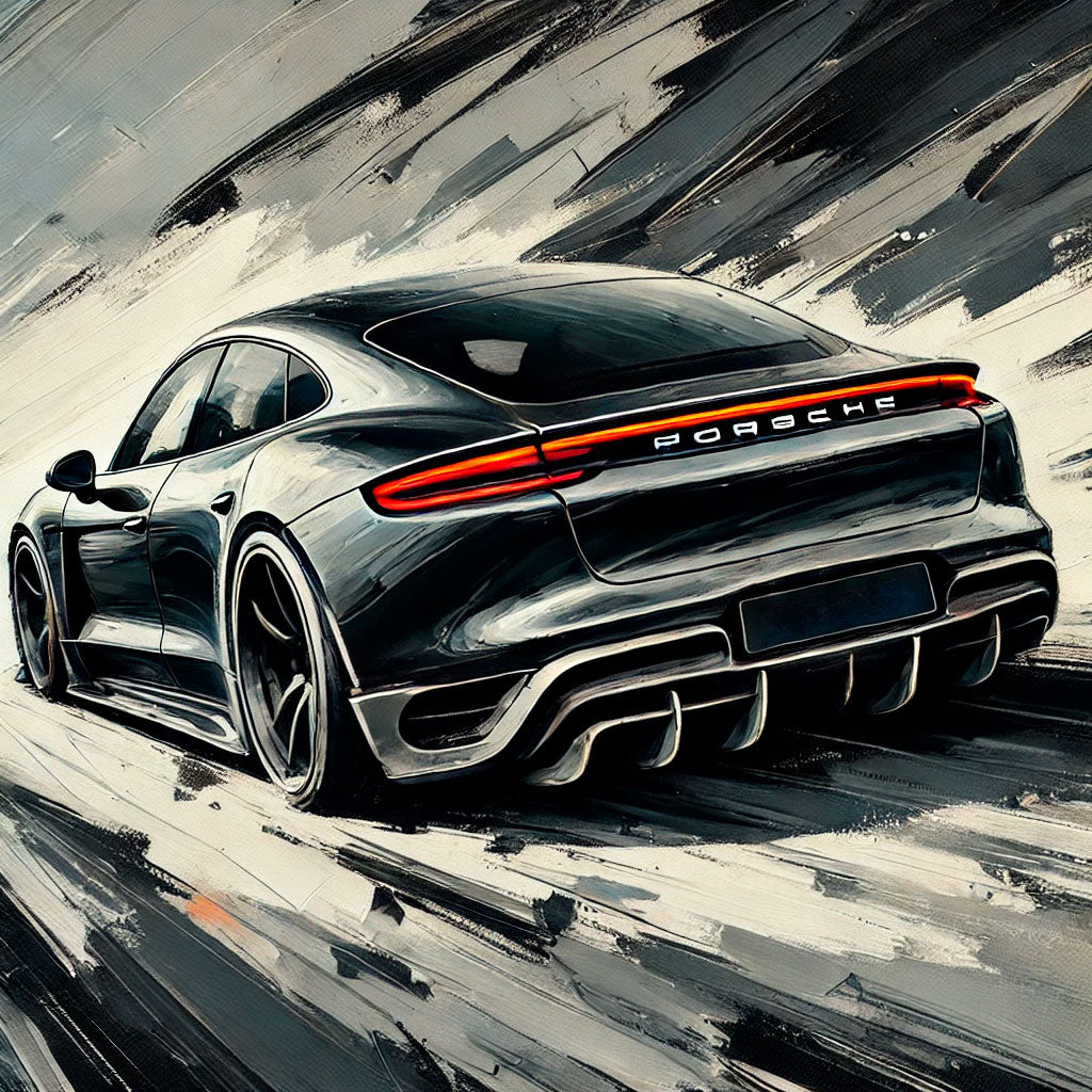 Digital gemaltes Wandbild eines schwarzen Porsche-Sportwagens in Rückansicht mit leuchtendem Lichtband, dargestellt in dynamischer Bewegung mit expressiven Pinselstrichen – Fine Art Print auf Alu-Verbund